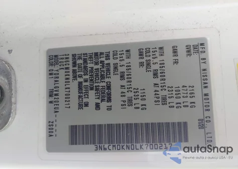 2020 Nissan Nv200 Cargo Sv Xtronic Cvt из США, поврежденный, VIN 3N6CM0KN0LK700217